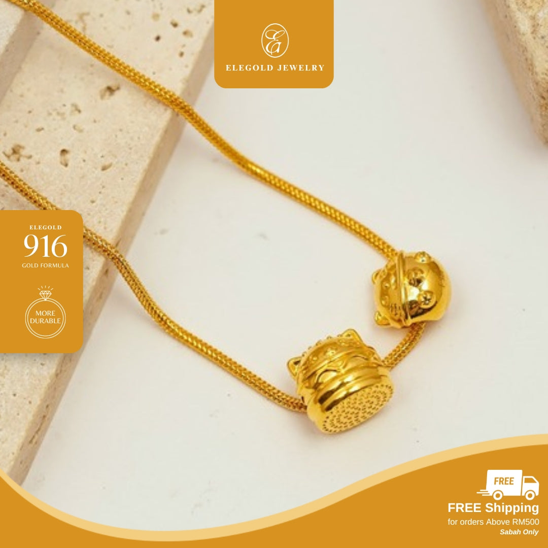 Elegold 916G Cat Tiny Plain 5G Hallow Charm Loket Pendant - 20VGH