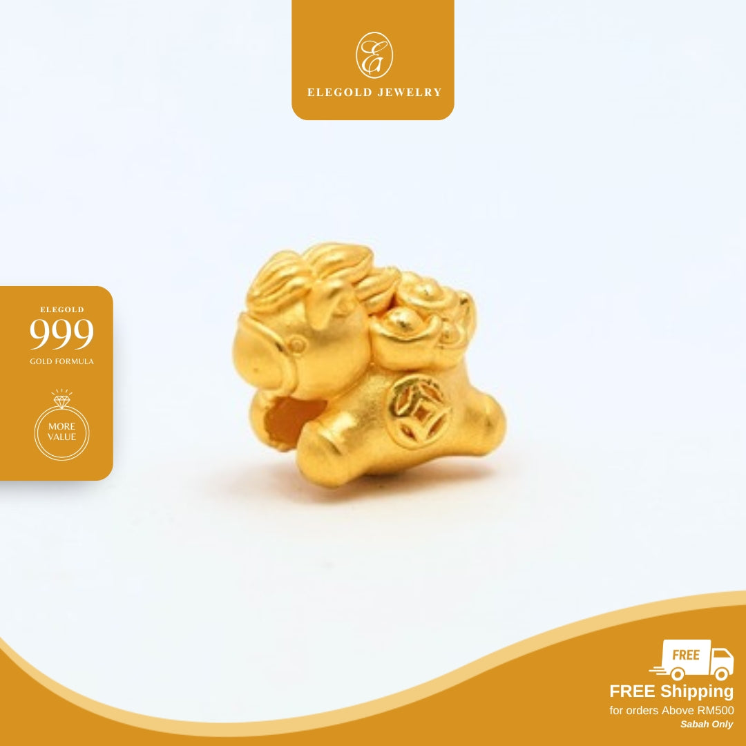 Elegold 999G Horse Chubby Cute Prosperity Coin Hallow Charm Loket Pendant - 20VGS