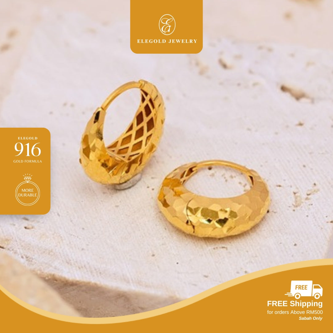 Round Bold Shattered Ice Hoop • Elegold Jewelry • Category: Earring Subang Anting-Anting • 916G