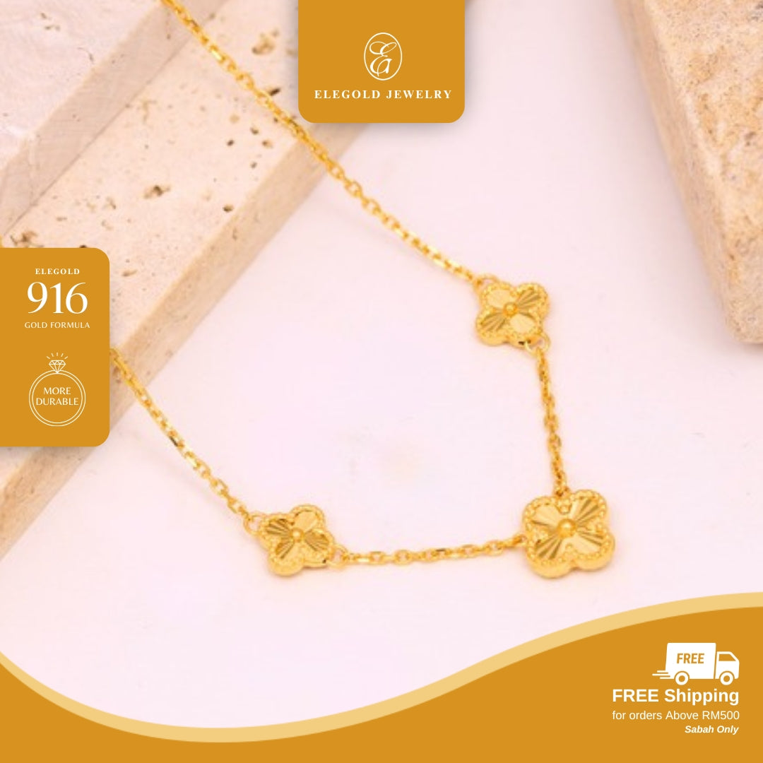 Dangling Clover Shiny Cut Fesyen RL Sauh Solid • Elegold Jewelry • Category: Necklace Rantai Leher • 916G