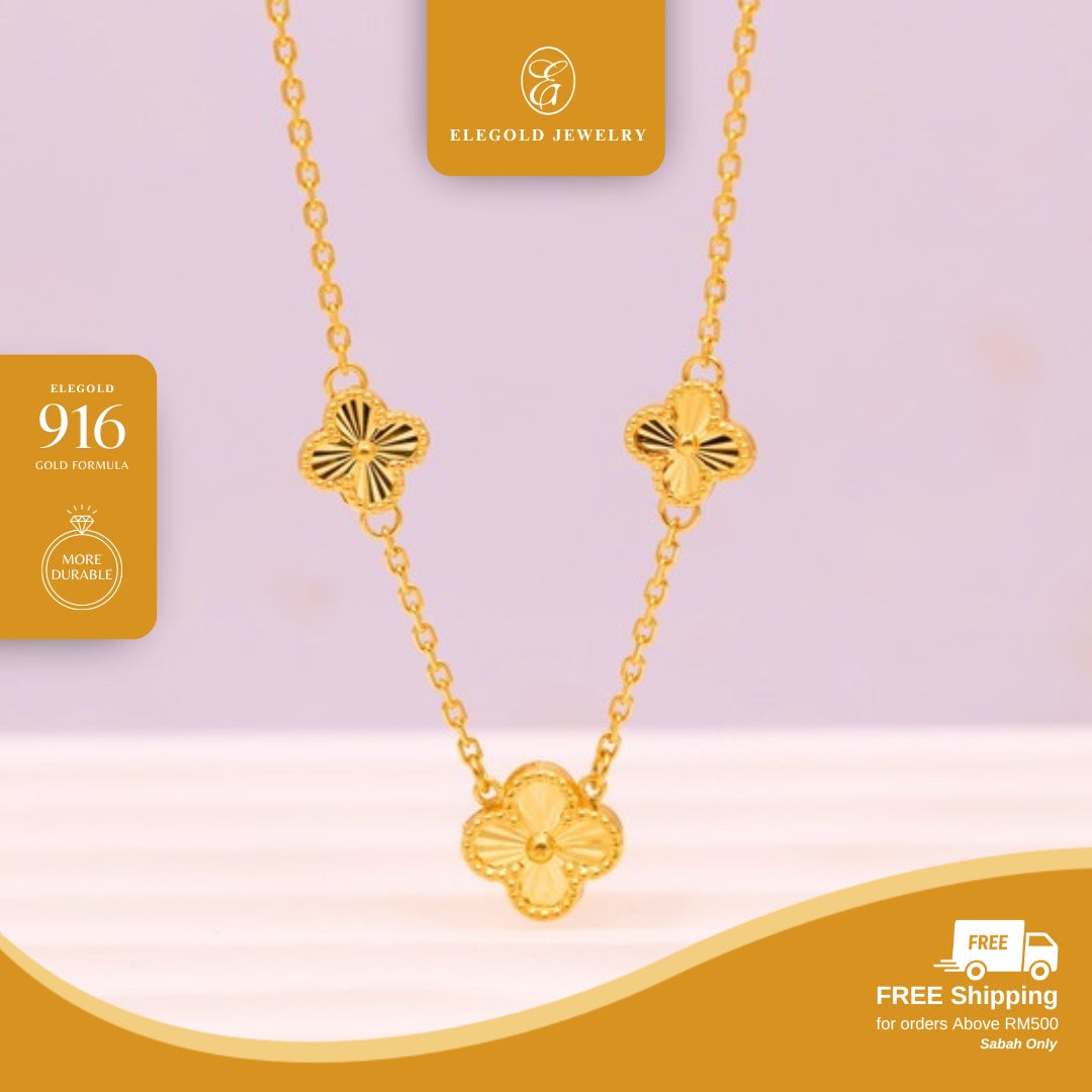Dangling Clover Shiny Cut Fesyen RL Sauh Solid • Elegold Jewelry • Category: Necklace Rantai Leher • 916G