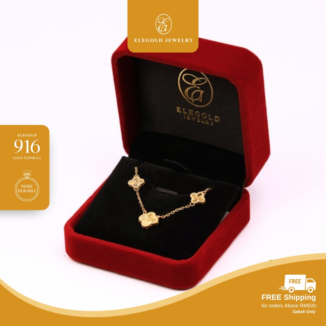 Dangling Clover Shiny Cut Fesyen RL Sauh Solid • Elegold Jewelry • Category: Necklace Rantai Leher • 916G