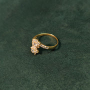 Elegold Double Flower You and Me Side CZ Stone Gold Ring